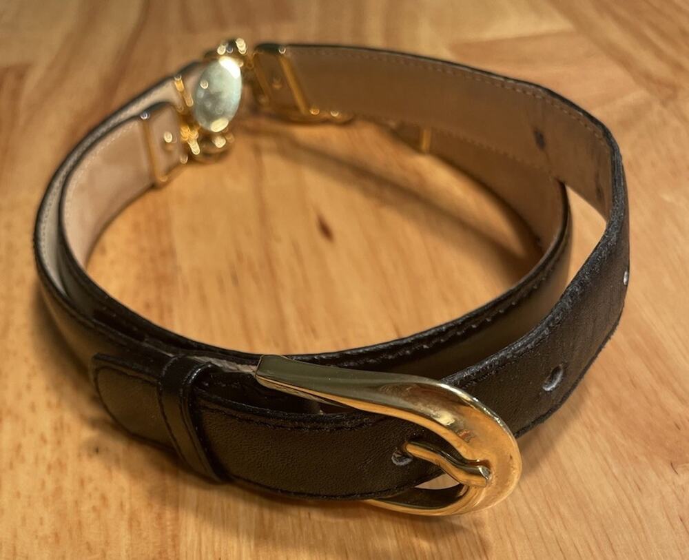 Vtg Black Genuine Leather Skinny Belt with Gold-Tone Link Accent Backing Size L